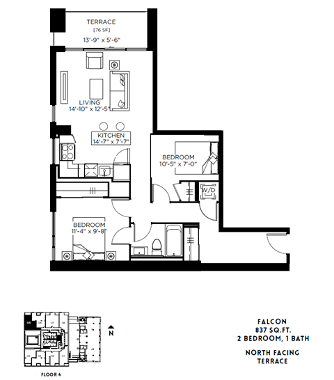 Floor plan for 2 beds, 1 bath, 837 sqft